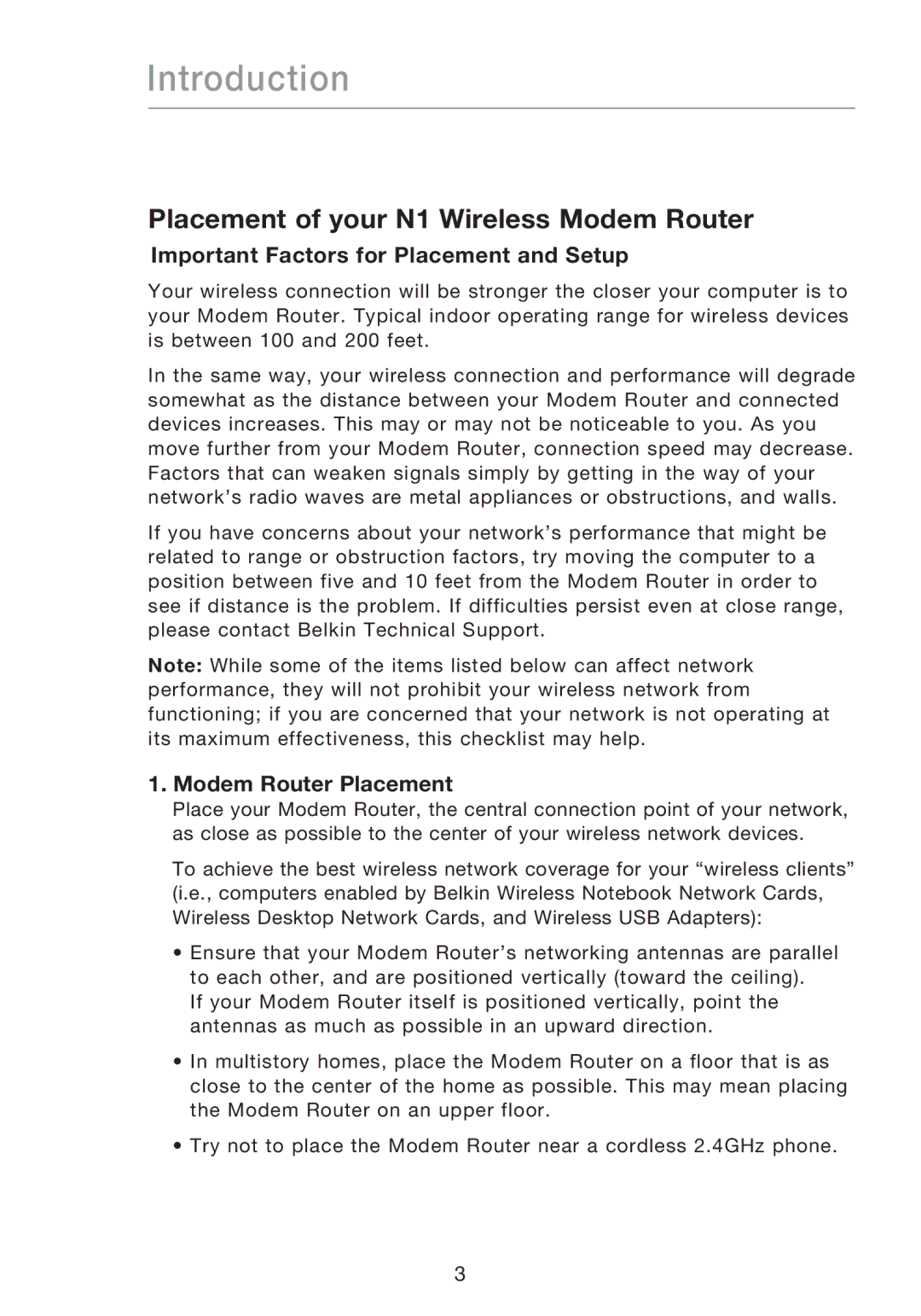 Belkin F5D8631-4 user manual Important Factors for Placement and Setup, Modem Router Placement 