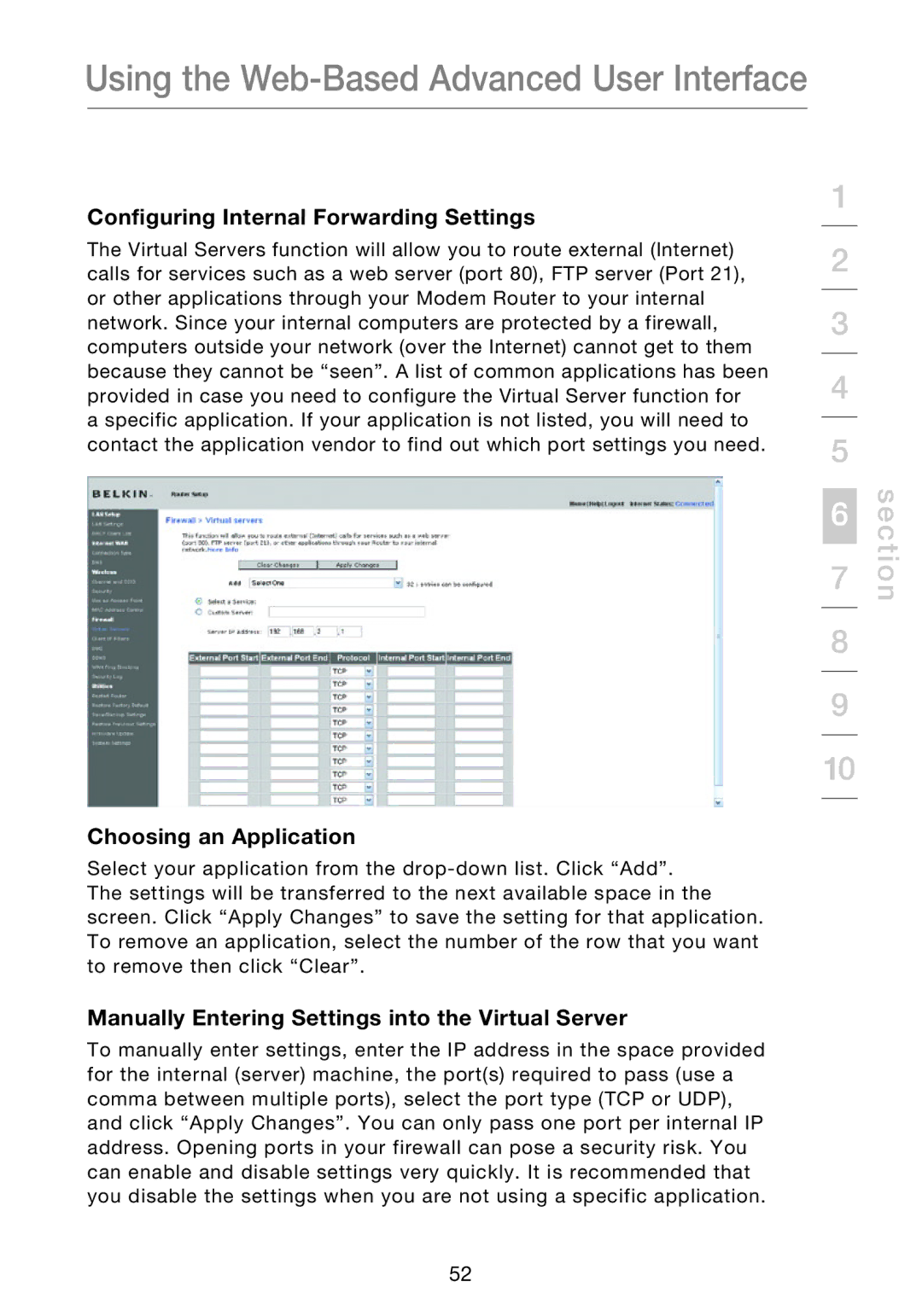Belkin F5D8631-4 user manual Configuring Internal Forwarding Settings, Choosing an Application 