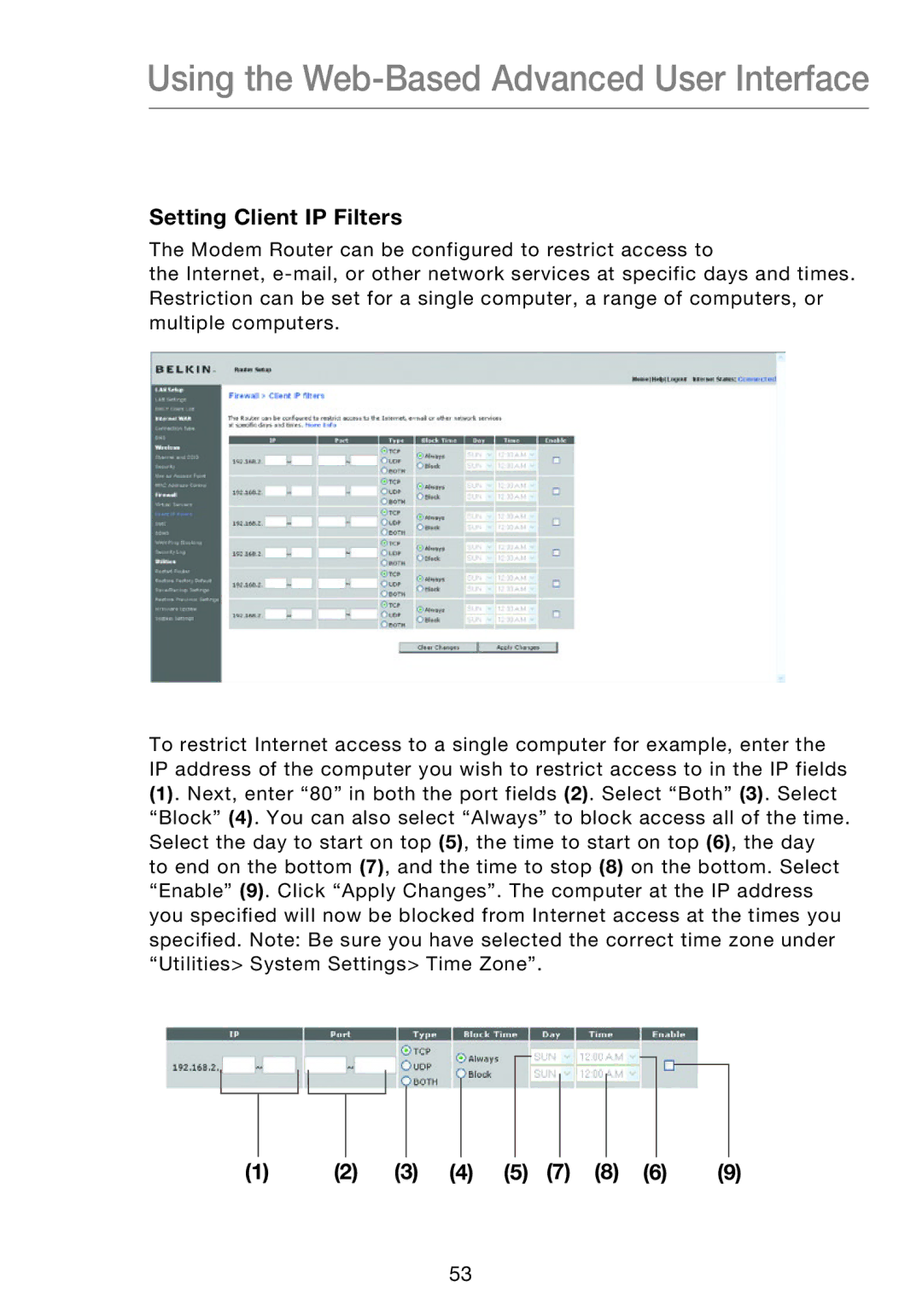 Belkin F5D8631-4 user manual Setting Client IP Filters 