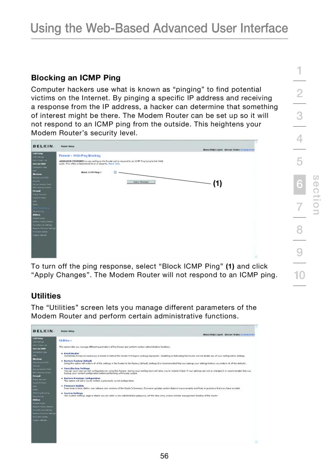 Belkin F5D8631-4 user manual Blocking an Icmp Ping, Utilities 