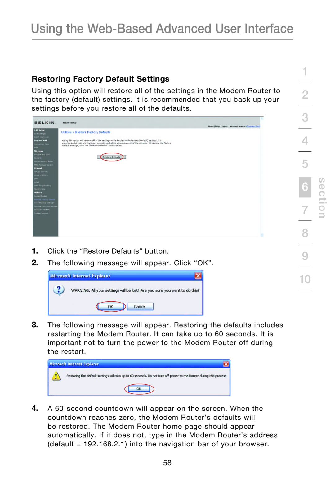 Belkin F5D8631-4 user manual Restoring Factory Default Settings 