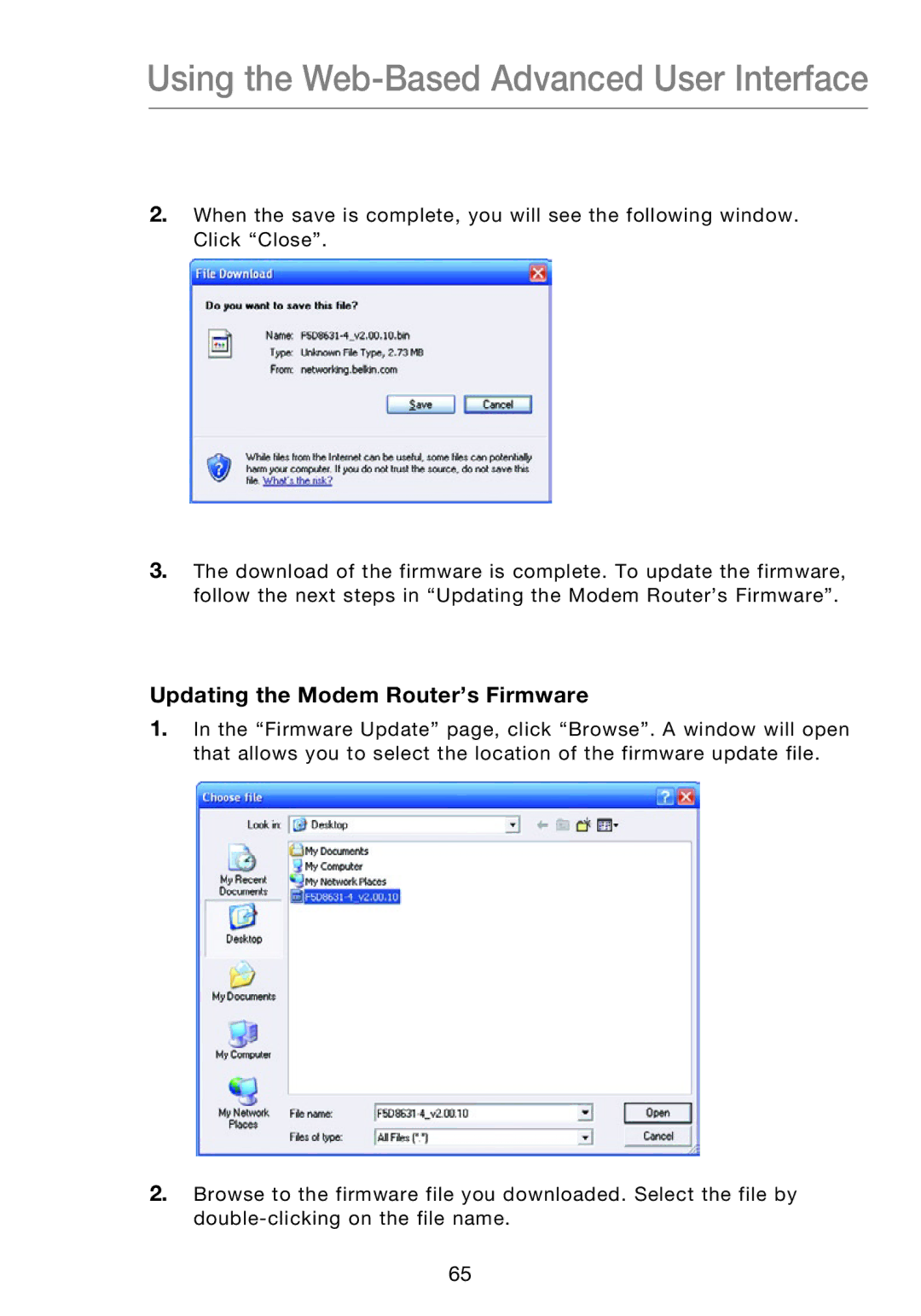 Belkin F5D8631-4 user manual Updating the Modem Router’s Firmware 