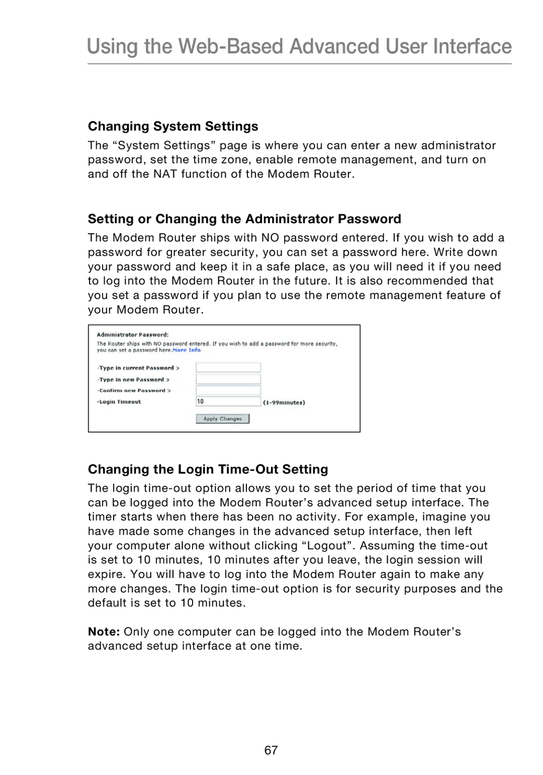 Belkin F5D8631-4 user manual Changing System Settings, Setting or Changing the Administrator Password 