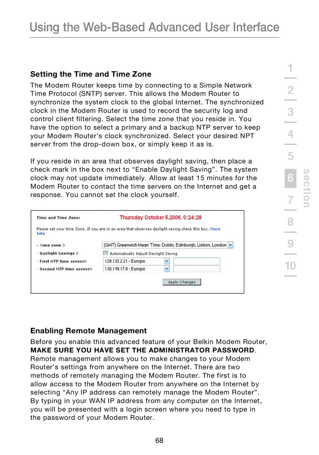 Belkin F5D8631-4 user manual Setting the Time and Time Zone, Enabling Remote Management 