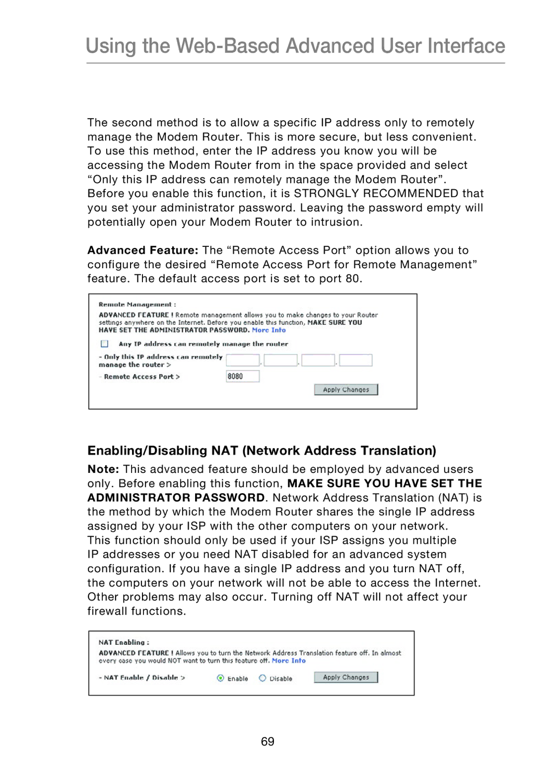 Belkin F5D8631-4 user manual Enabling/Disabling NAT Network Address Translation 