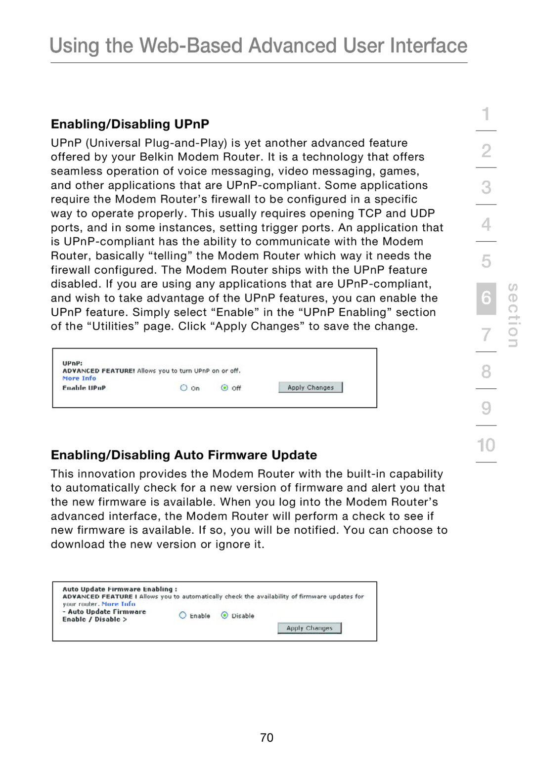 Belkin F5D8631-4 user manual Enabling/Disabling UPnP, Enabling/Disabling Auto Firmware Update 