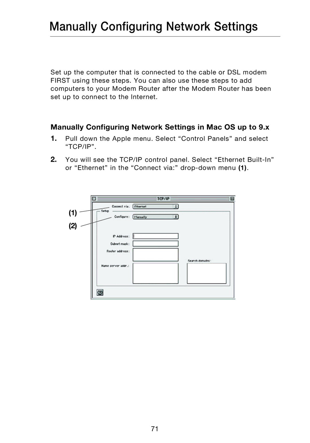 Belkin F5D8631-4 user manual Manually Configuring Network Settings in Mac OS up to 