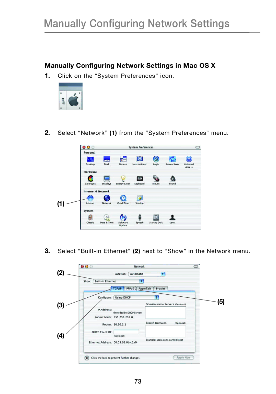 Belkin F5D8631-4 user manual Manually Configuring Network Settings in Mac OS 