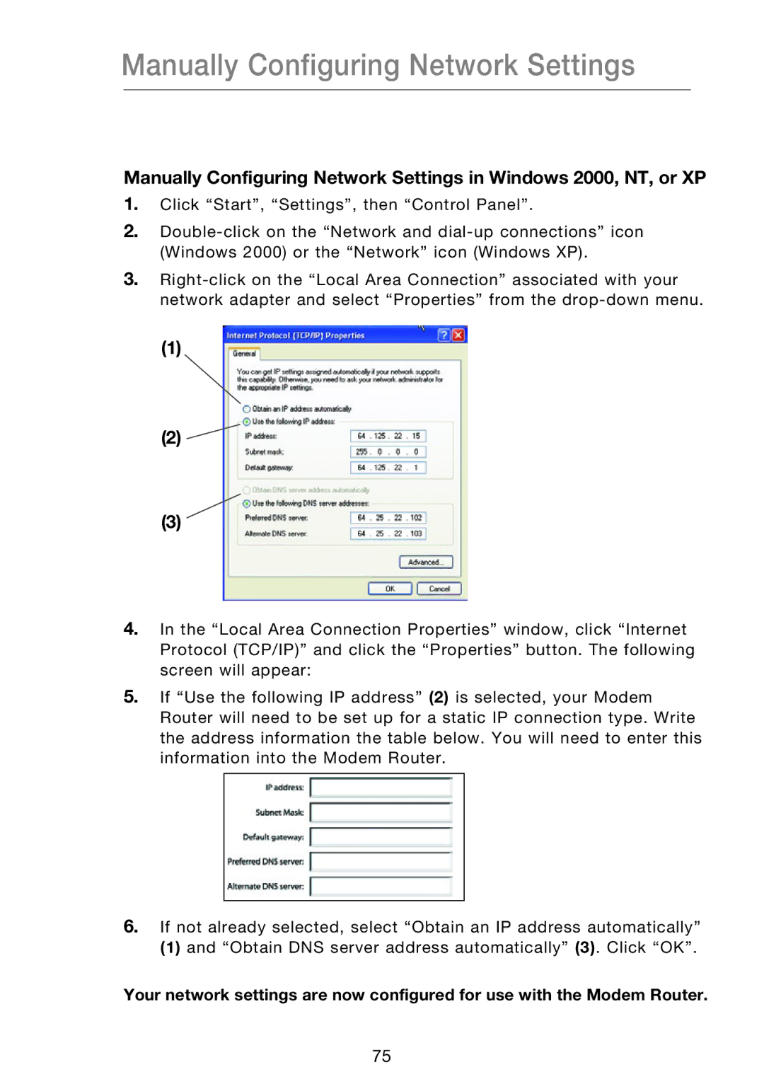 Belkin F5D8631-4 user manual Manually Configuring Network Settings 