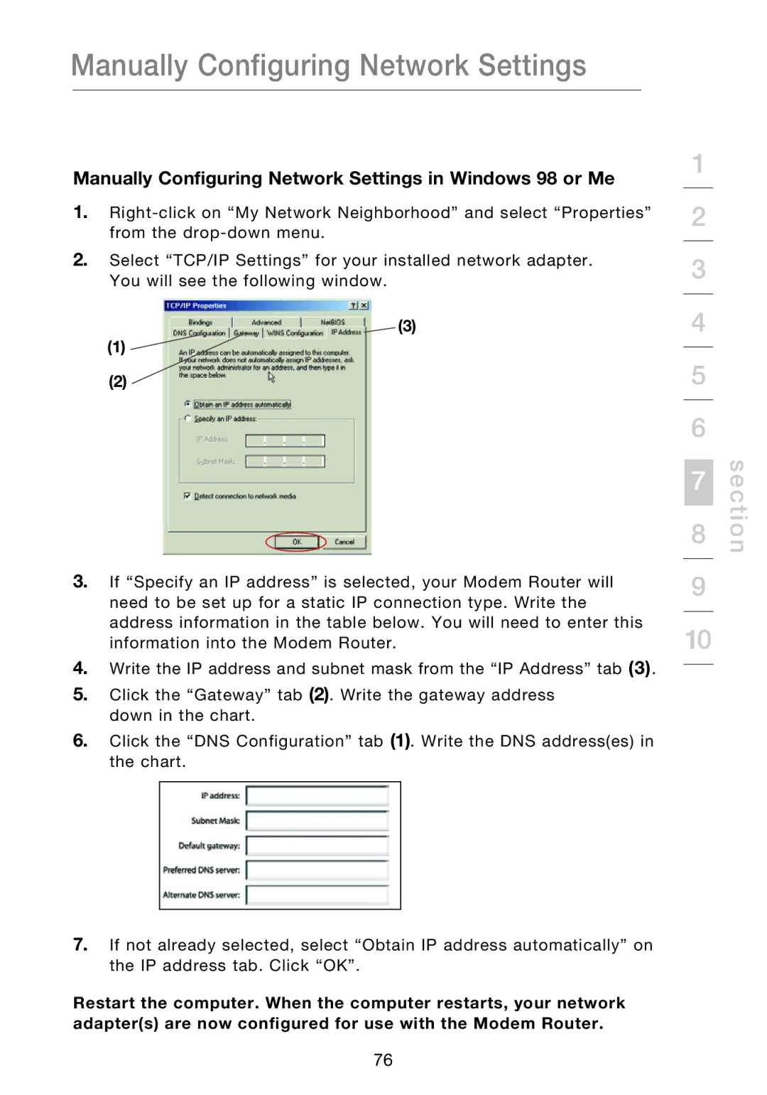 Belkin F5D8631-4 user manual Manually Configuring Network Settings in Windows 98 or Me 