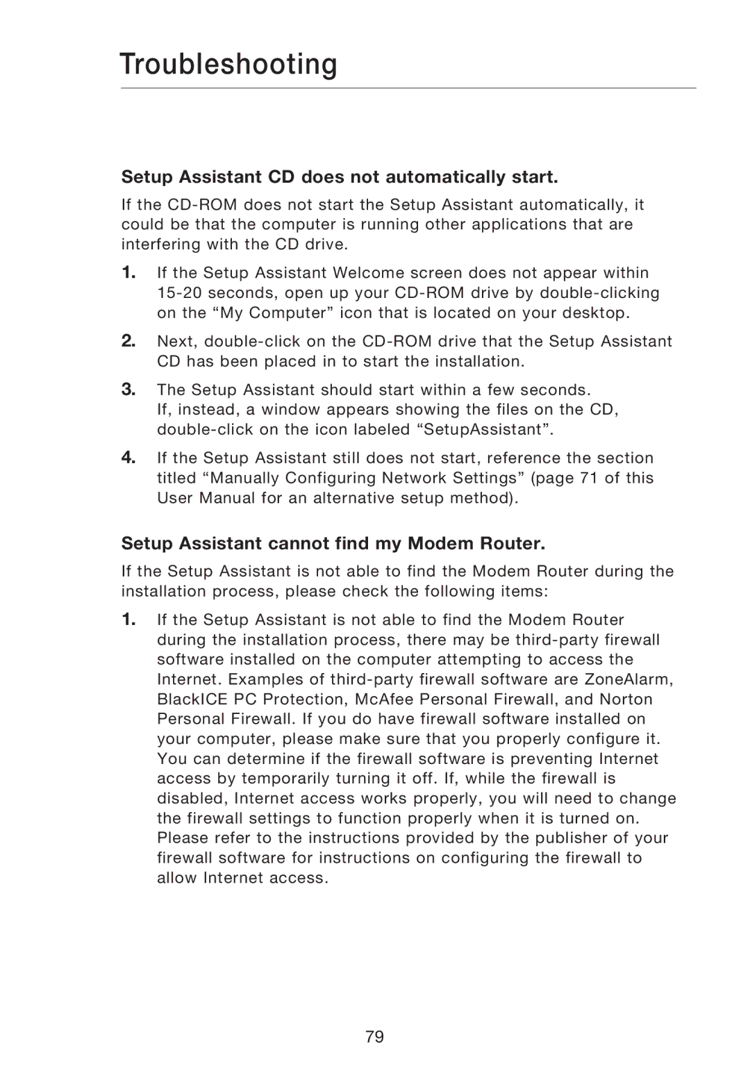 Belkin F5D8631-4 user manual Troubleshooting, Setup Assistant CD does not automatically start 