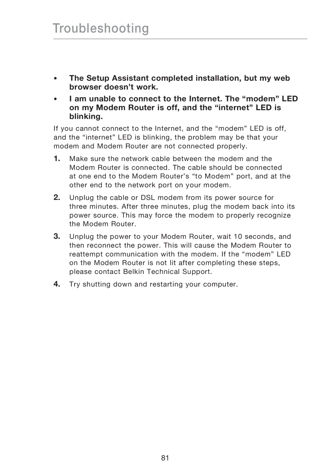 Belkin F5D8631-4 user manual Troubleshooting 