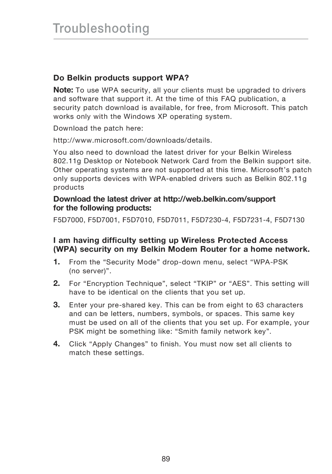 Belkin F5D8631-4 user manual Do Belkin products support WPA? 