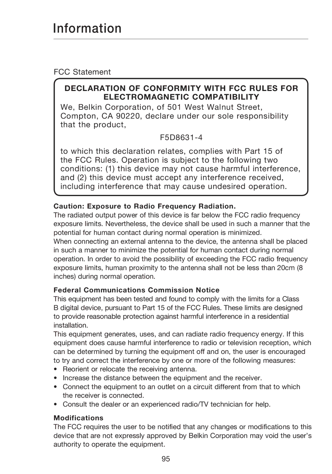 Belkin F5D8631-4 user manual Information, Federal Communications Commission Notice 