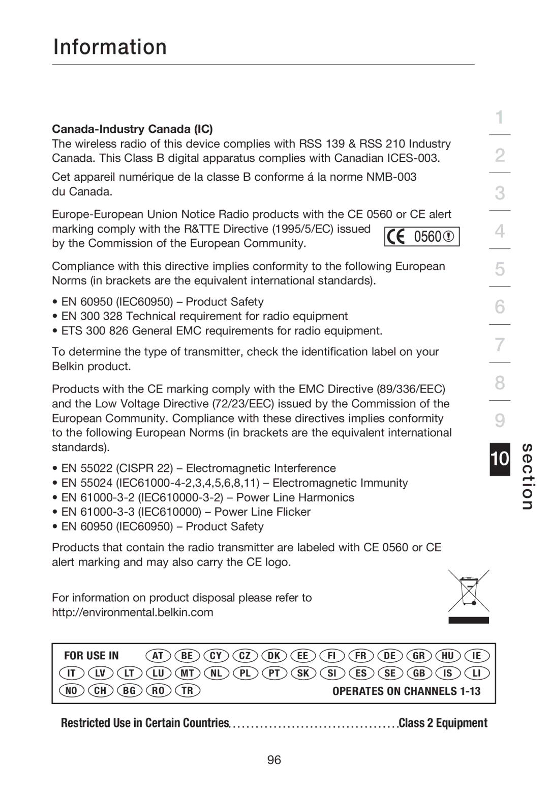 Belkin F5D8631-4 user manual Canada-Industry Canada IC 