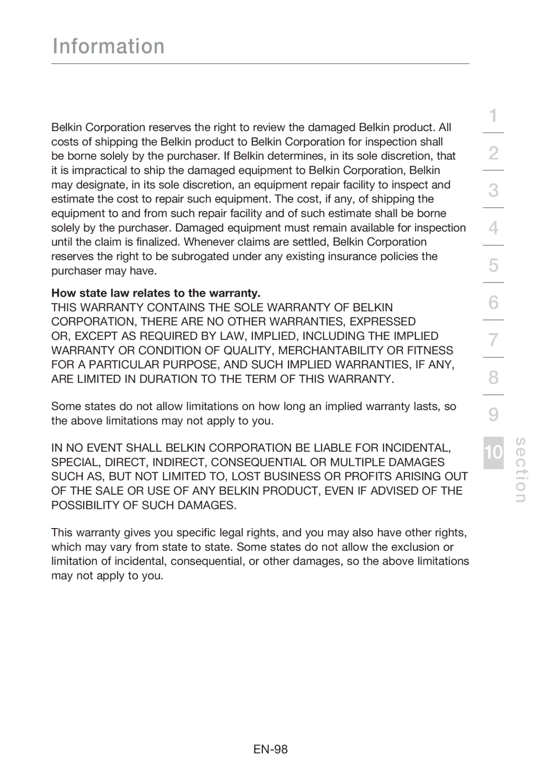 Belkin F5D8631-4 user manual How state law relates to the warranty 