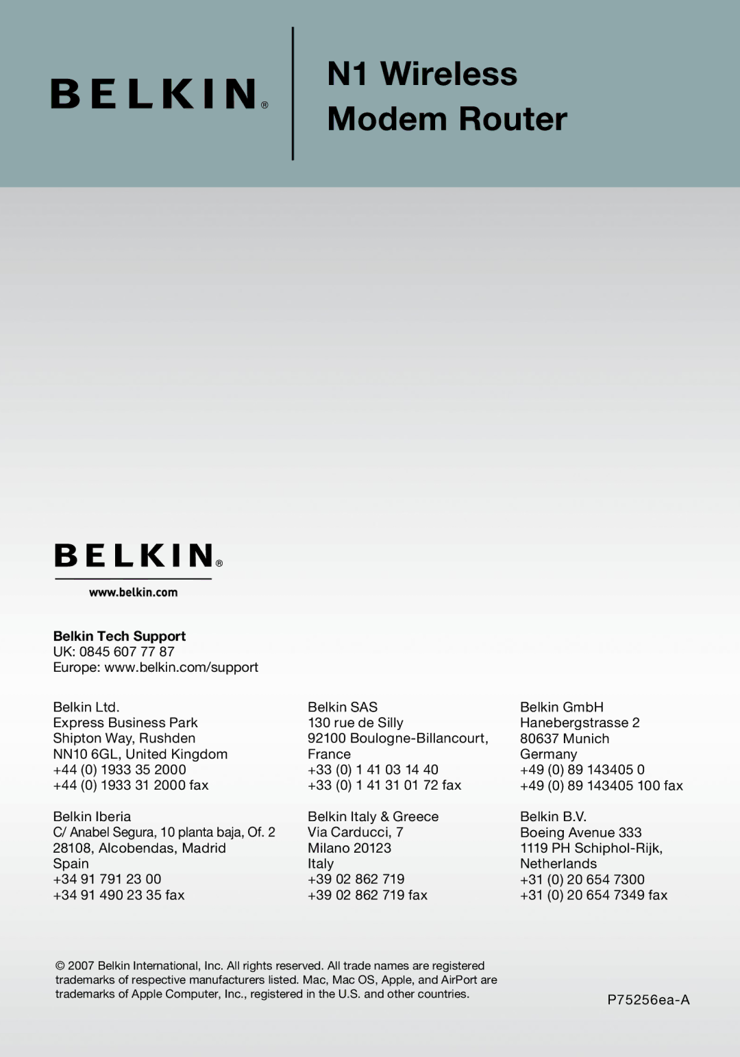 Belkin F5D8631-4 user manual Belkin Tech Support 