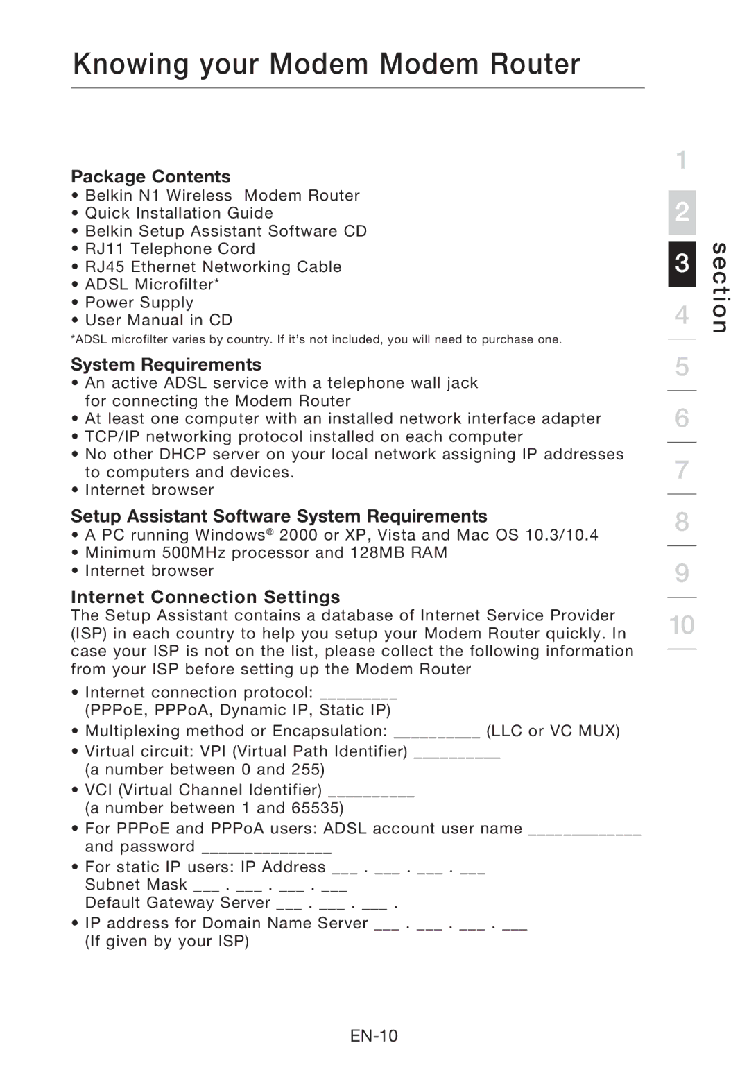 Belkin F5D8631-4 Knowing your Modem Modem Router, Package Contents, System Requirements, Internet Connection Settings 