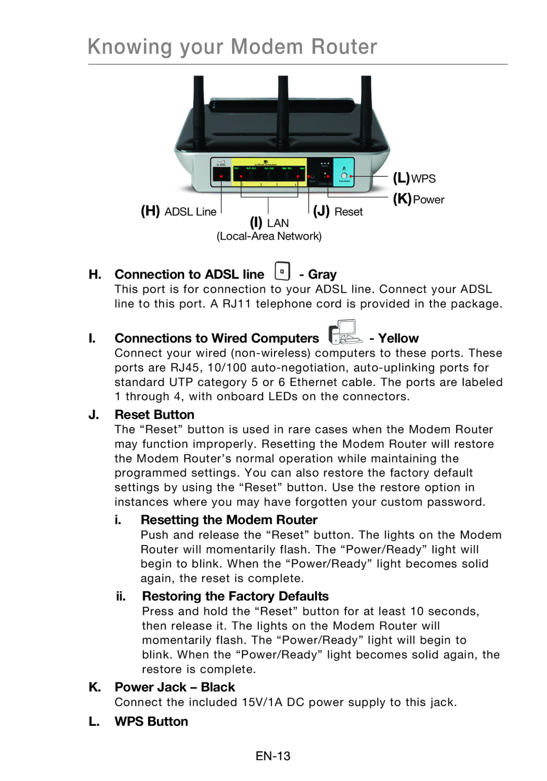 Belkin F5D8631-4 Connection to Adsl line Gray, Connections to Wired Computers Yellow, Reset Button, Power Jack Black 