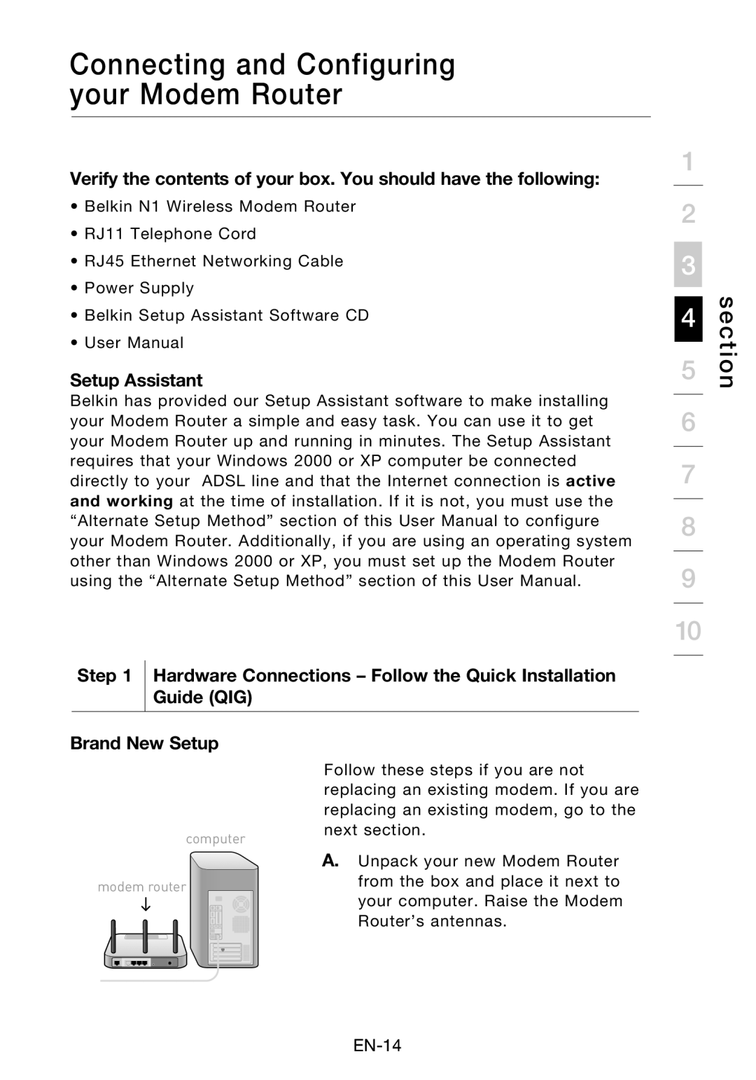 Belkin F5D8631-4 user manual Connecting and Configuring your Modem Router, Brand New Setup 