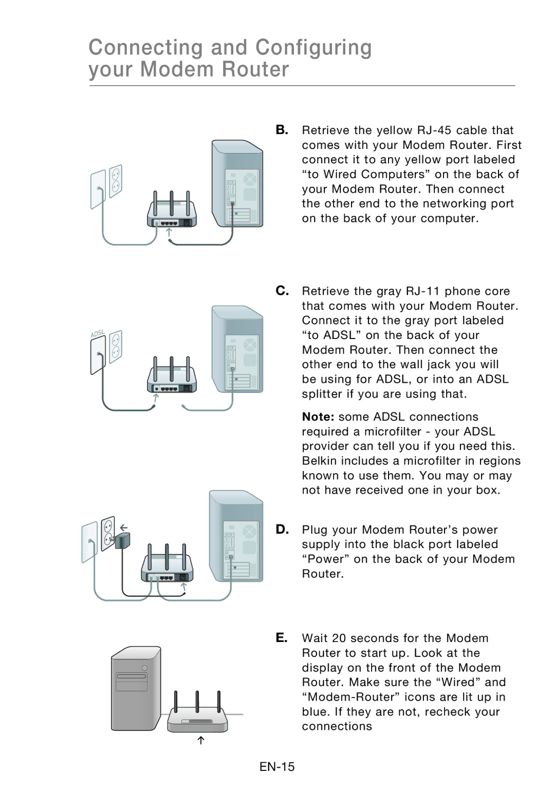 Belkin F5D8631-4 user manual Connecting and Configuring your Modem Router 