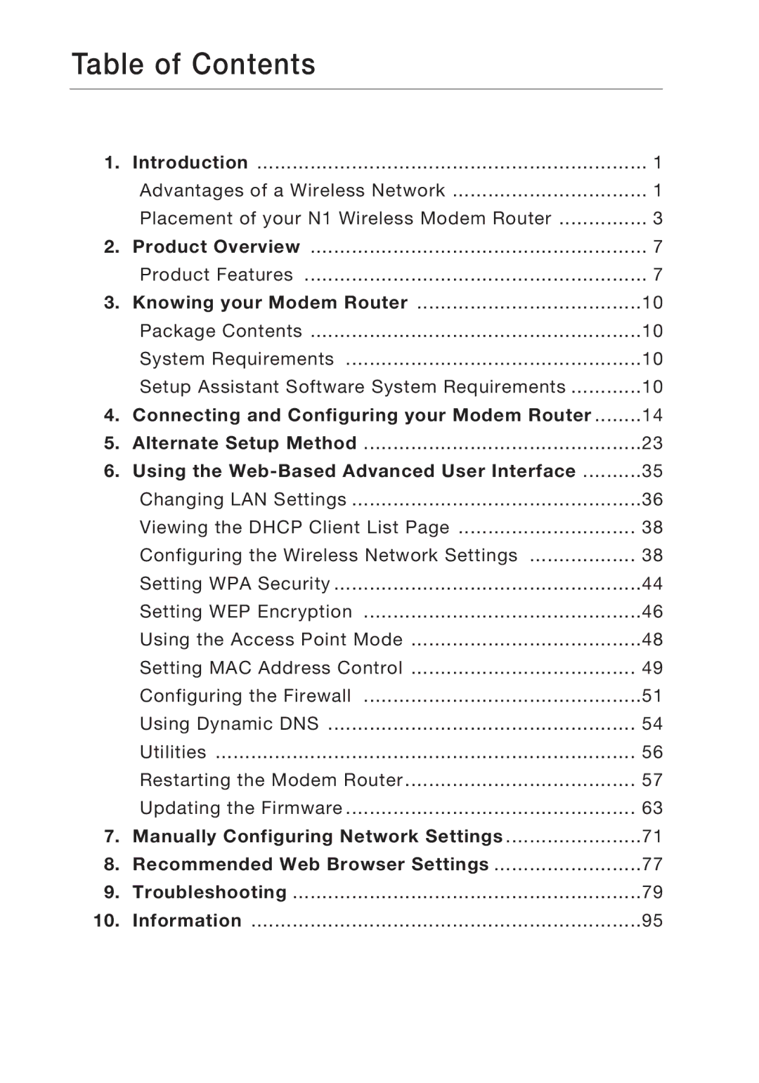 Belkin F5D8631-4 user manual Table of Contents 