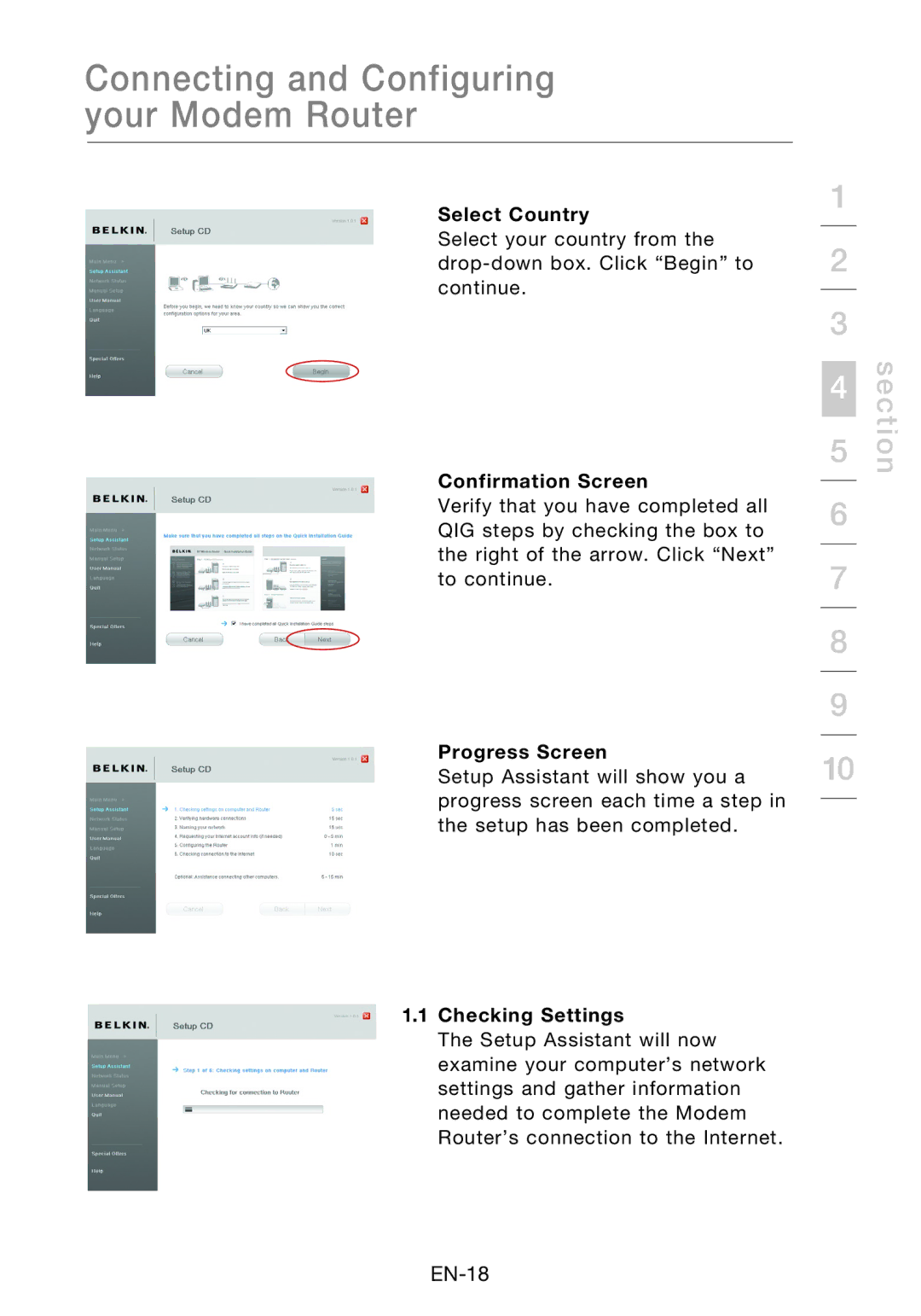 Belkin F5D8631-4 user manual Select Country, Confirmation Screen, Progress Screen, Checking Settings 