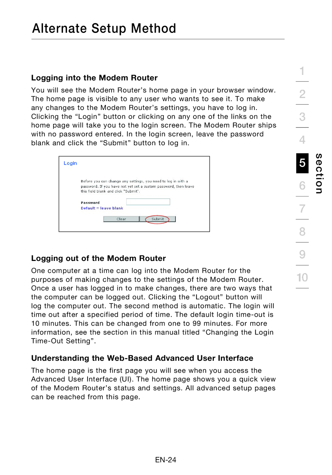 Belkin F5D8631-4 user manual Logging into the Modem Router, Logging out of the Modem Router 