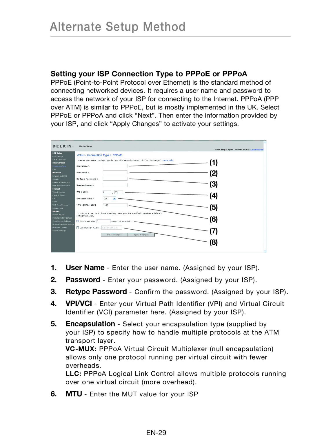 Belkin F5D8631-4 user manual Setting your ISP Connection Type to PPPoE or PPPoA 