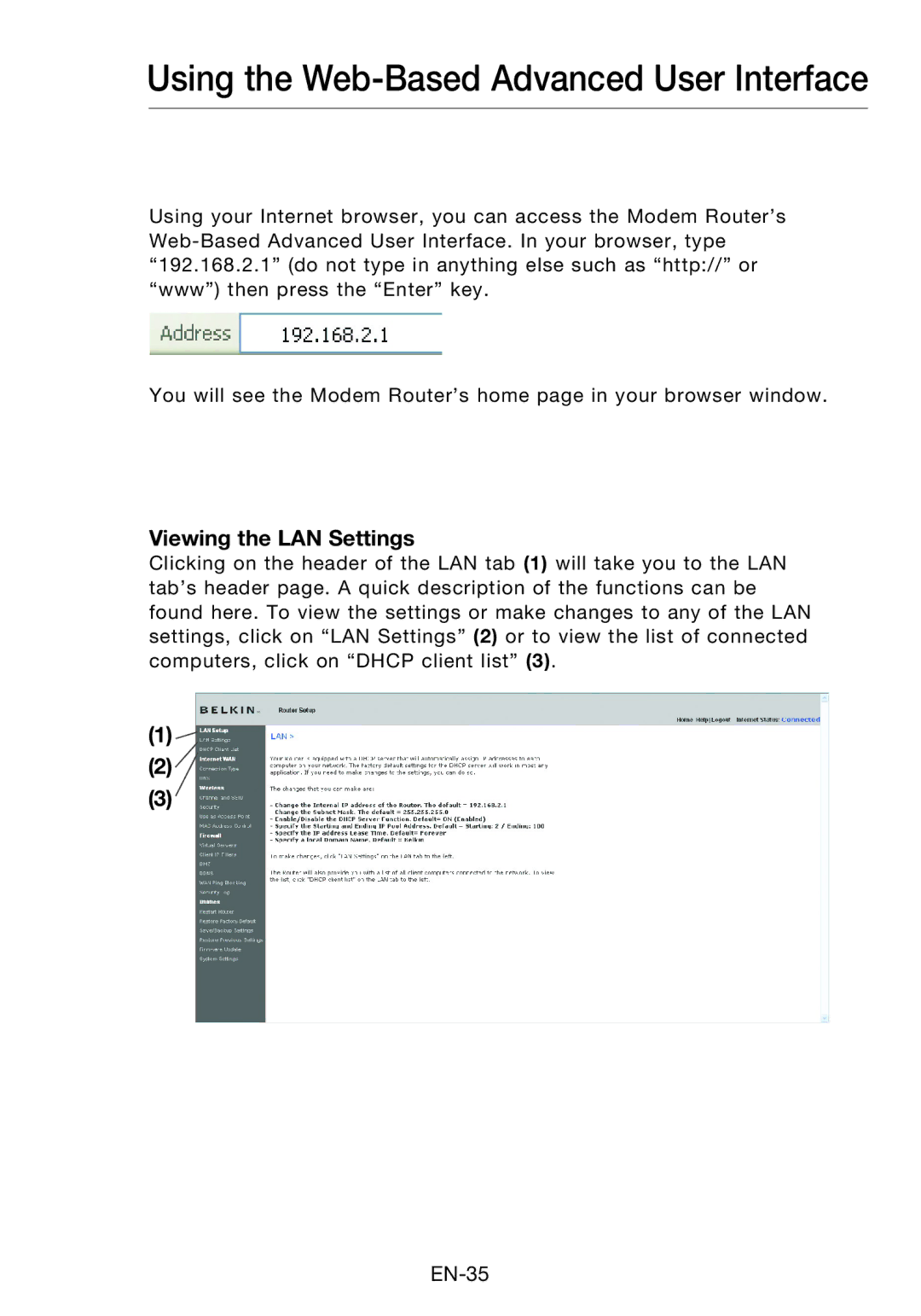 Belkin F5D8631-4 user manual Using the Web-Based Advanced User Interface, Viewing the LAN Settings 