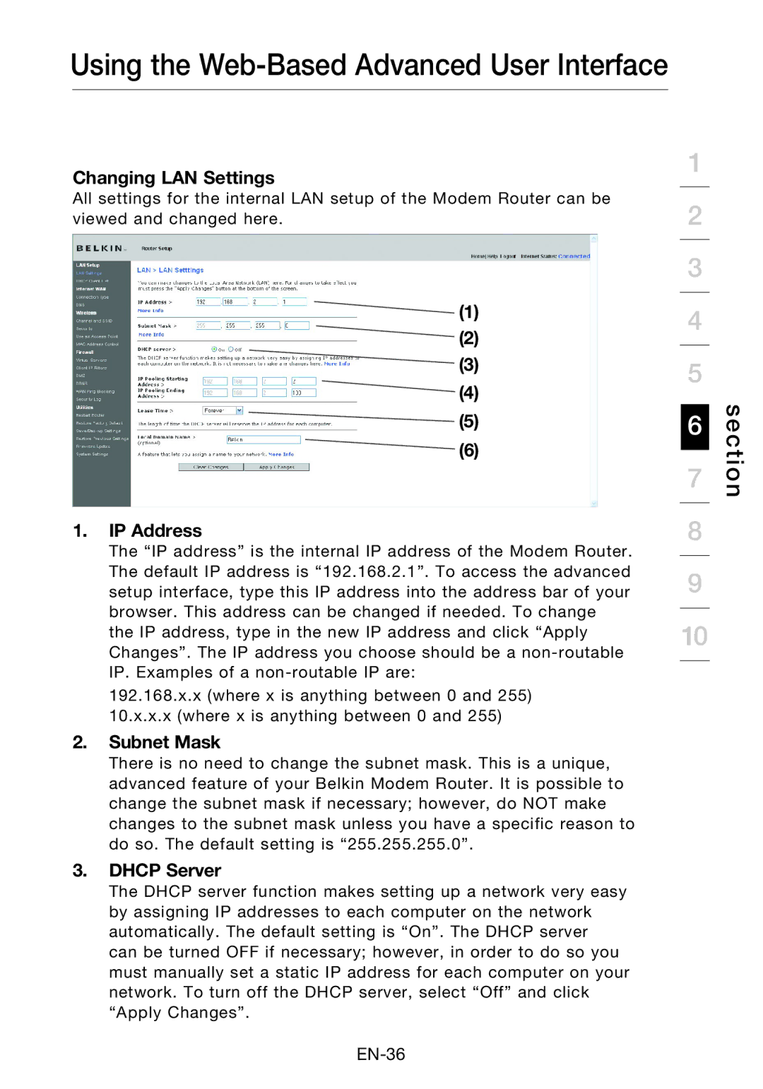 Belkin F5D8631-4 user manual Changing LAN Settings, IP Address, Subnet Mask, Dhcp Server 