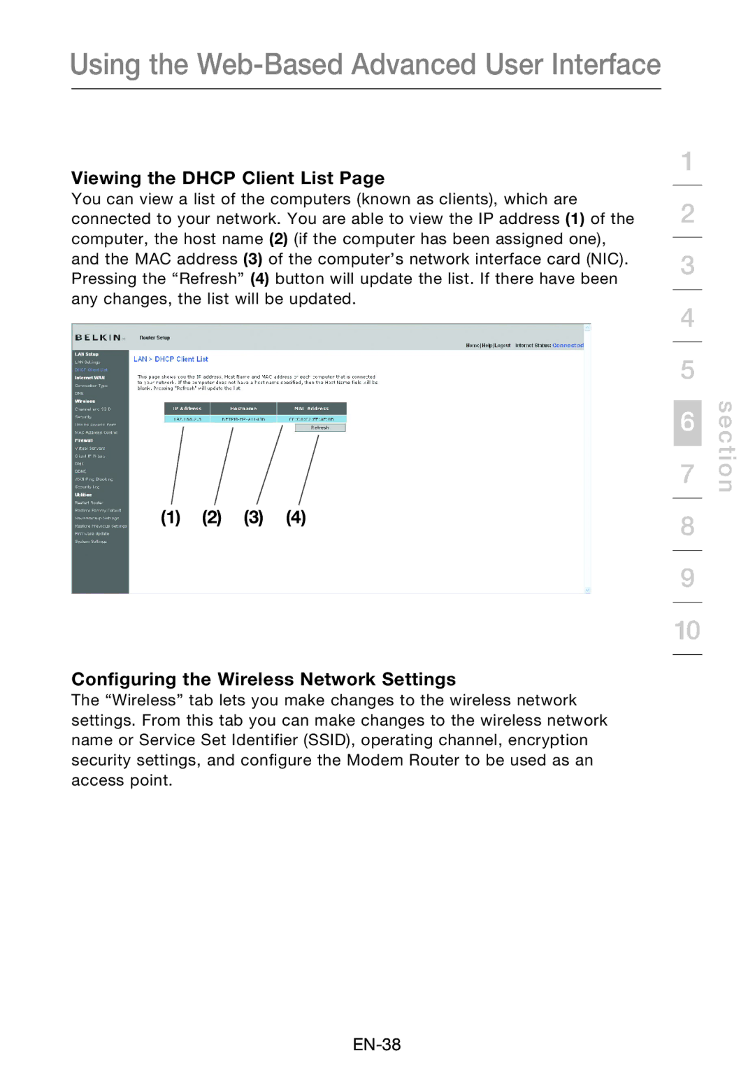 Belkin F5D8631-4 user manual Viewing the Dhcp Client List, Configuring the Wireless Network Settings 