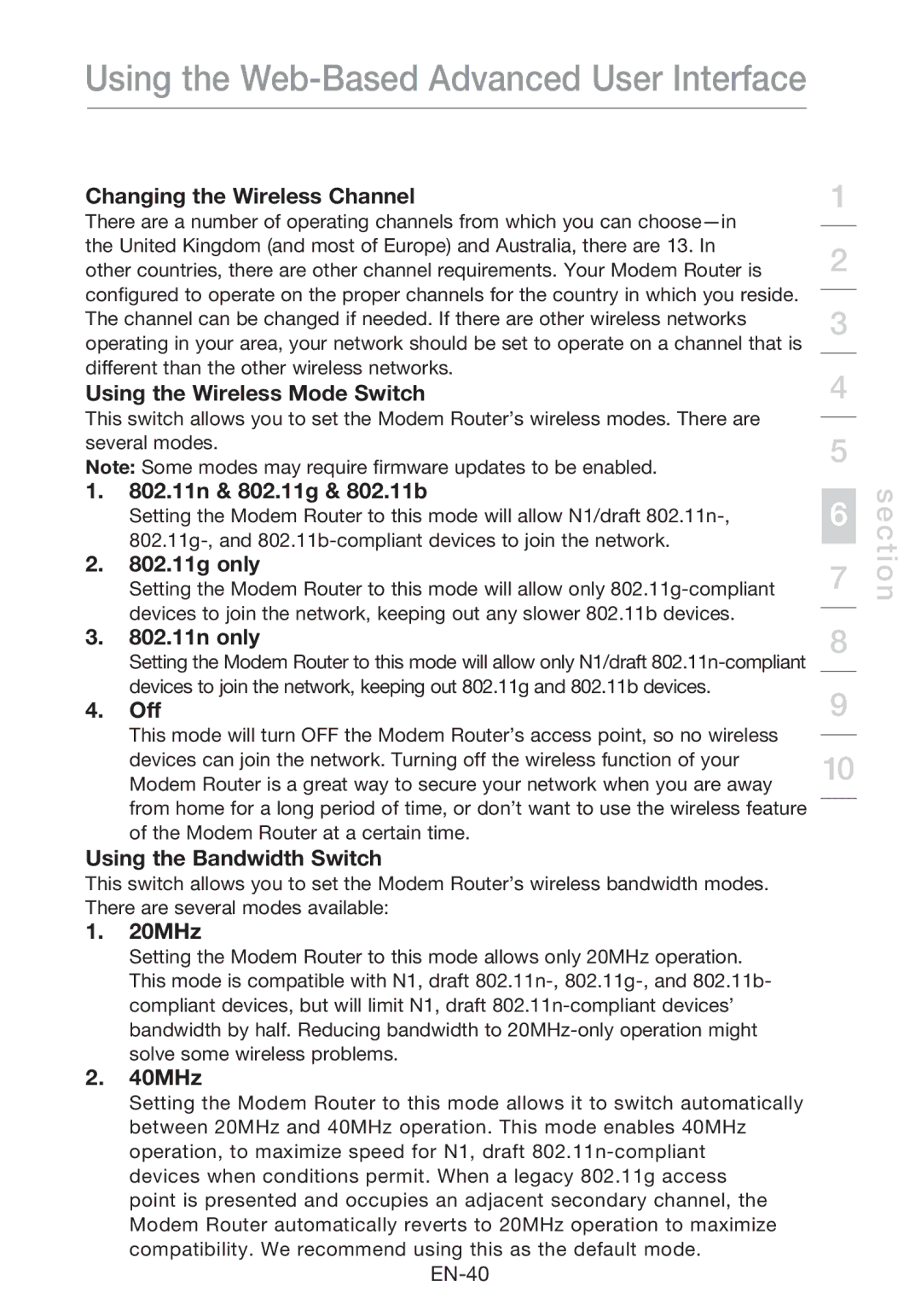 Belkin F5D8631-4 Changing the Wireless Channel, Using the Wireless Mode Switch, 802.11n & 802.11g & 802.11b, 802.11g only 