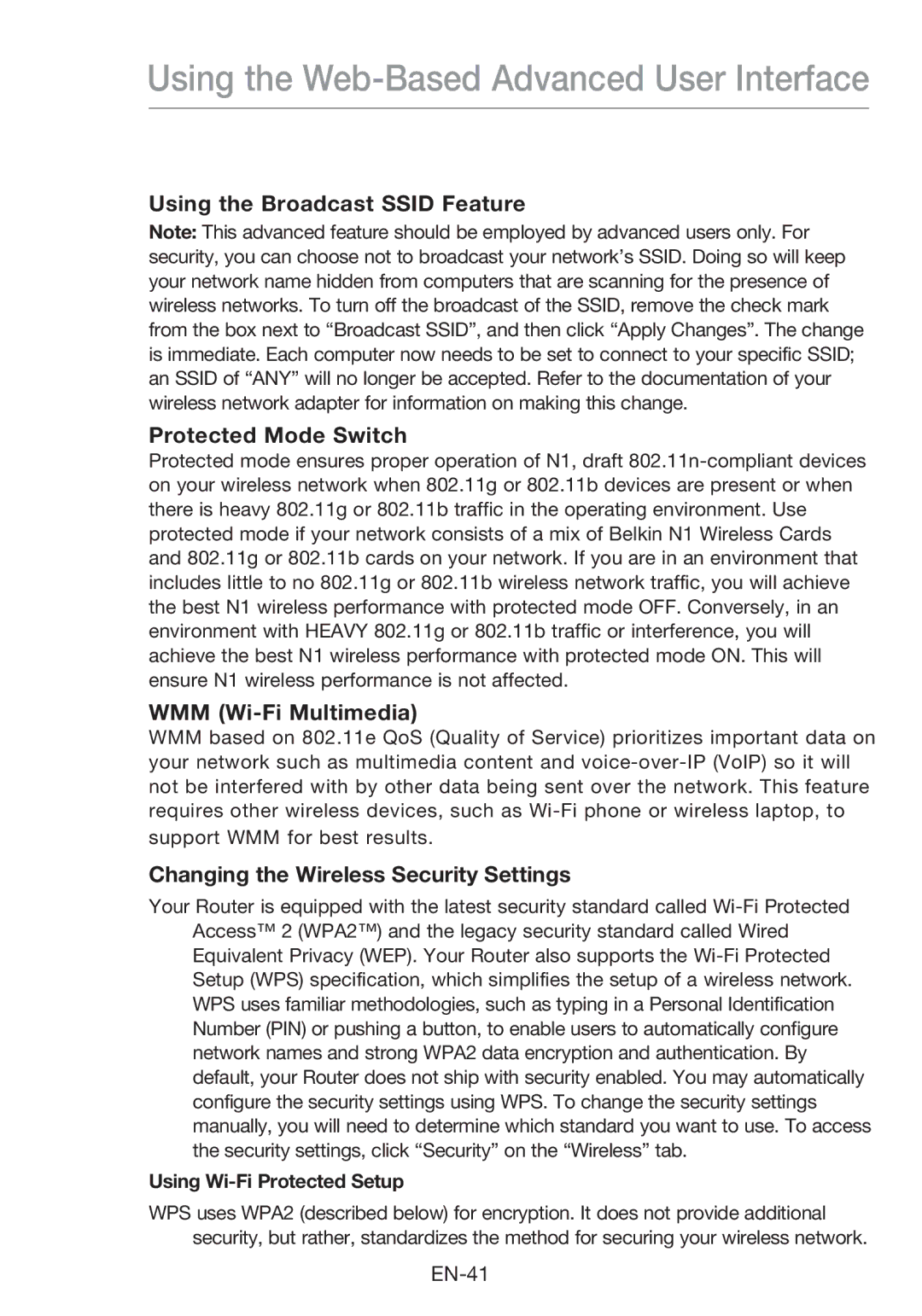 Belkin F5D8631-4 Using the Broadcast Ssid Feature Protected Mode Switch, WMM Wi-Fi Multimedia, Using Wi-Fi Protected Setup 