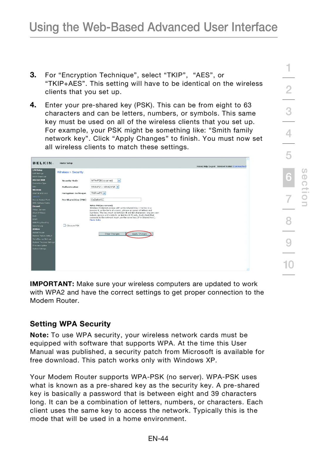 Belkin F5D8631-4 user manual Setting WPA Security 