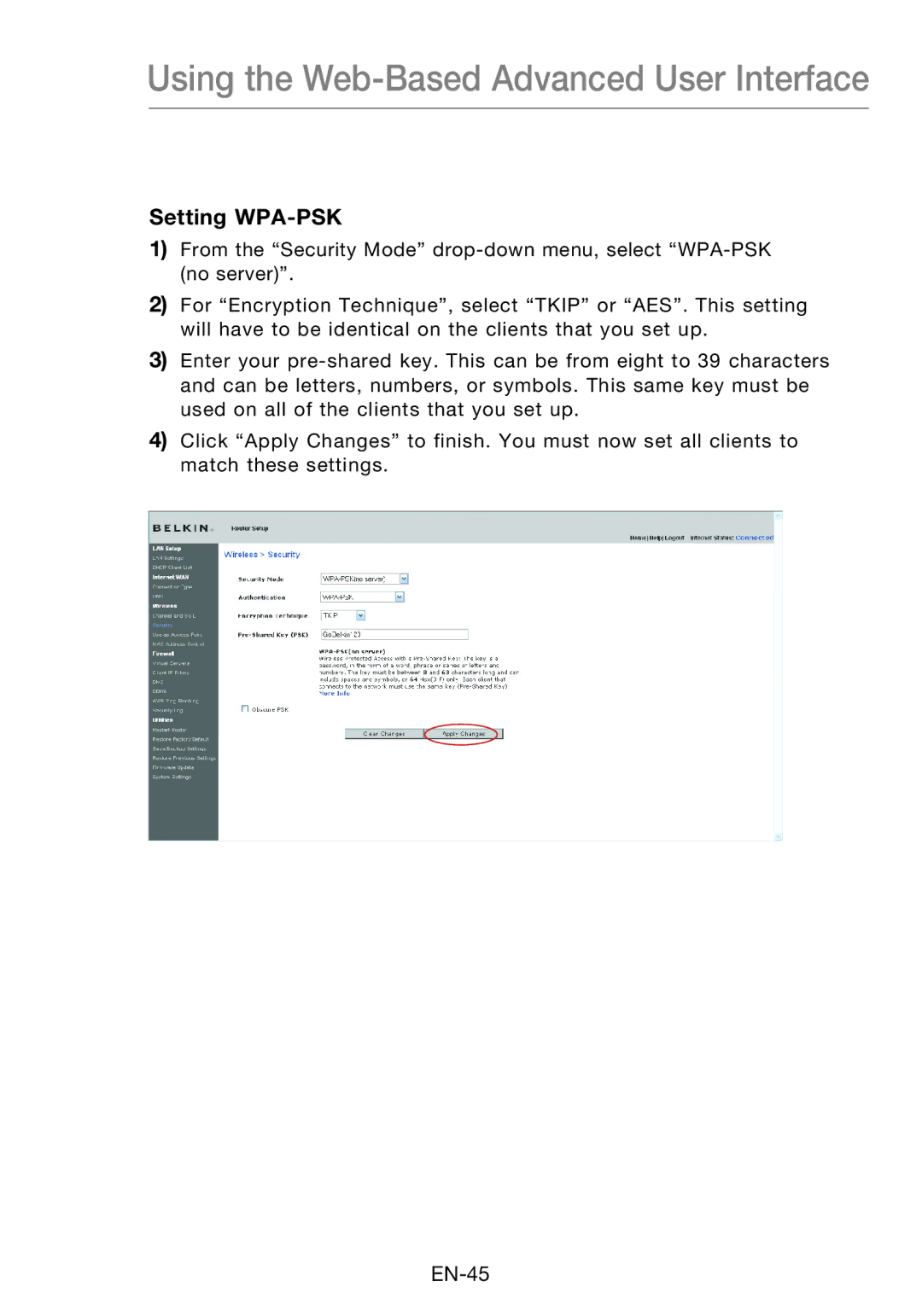 Belkin F5D8631-4 user manual Setting WPA-PSK 