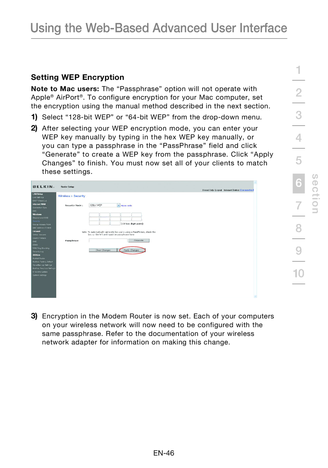 Belkin F5D8631-4 user manual Setting WEP Encryption 