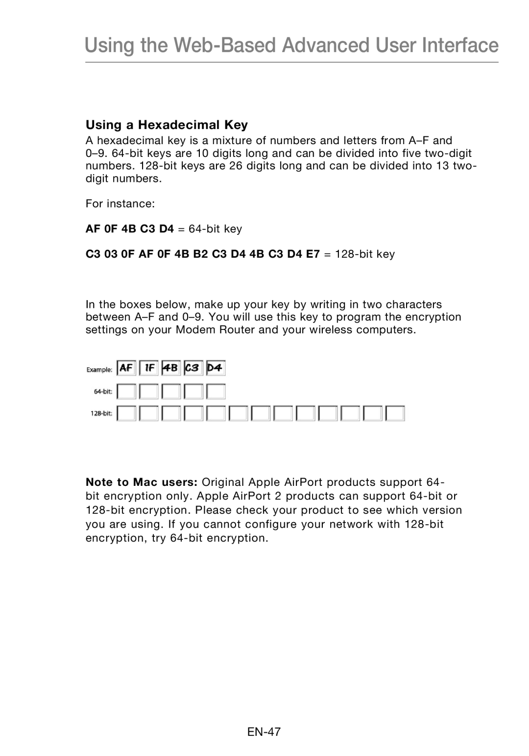 Belkin F5D8631-4 user manual Using a Hexadecimal Key 