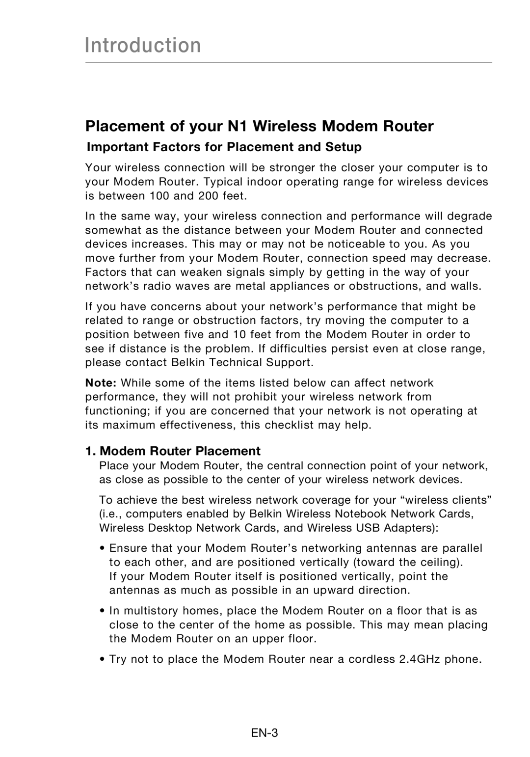 Belkin F5D8631-4 user manual Important Factors for Placement and Setup, Modem Router Placement 