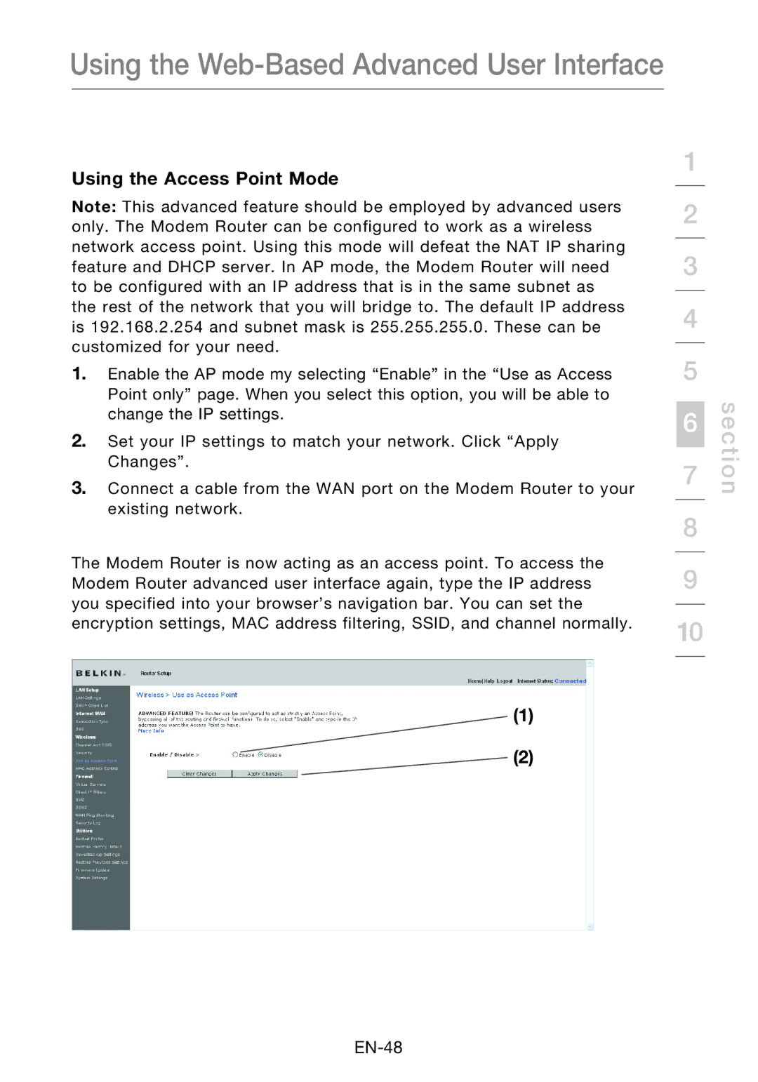 Belkin F5D8631-4 user manual Using the Access Point Mode 