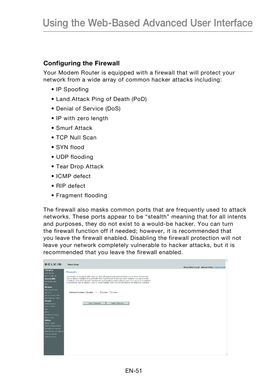 Belkin F5D8631-4 user manual Configuring the Firewall 