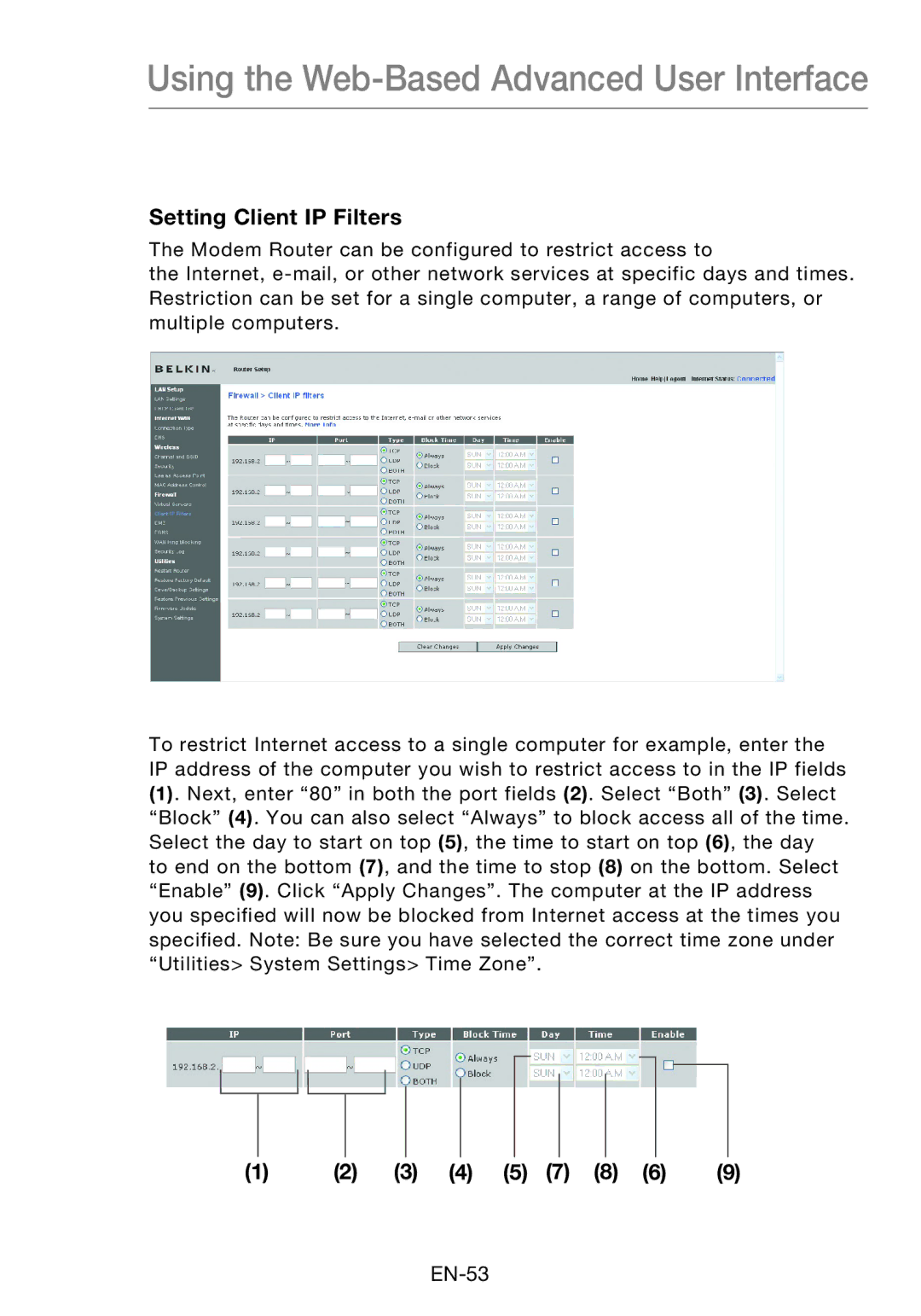 Belkin F5D8631-4 user manual Setting Client IP Filters 