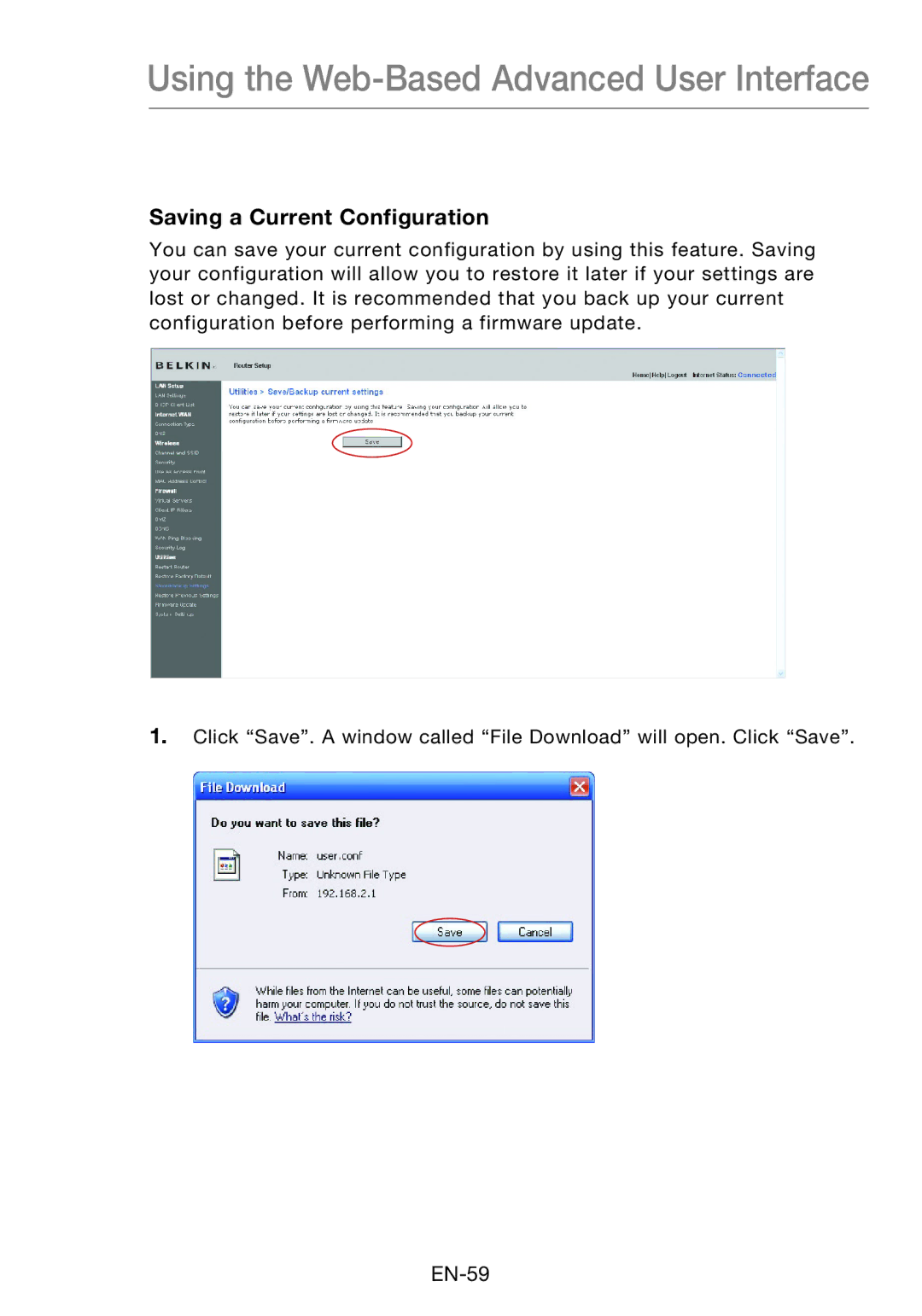 Belkin F5D8631-4 user manual Saving a Current Configuration 