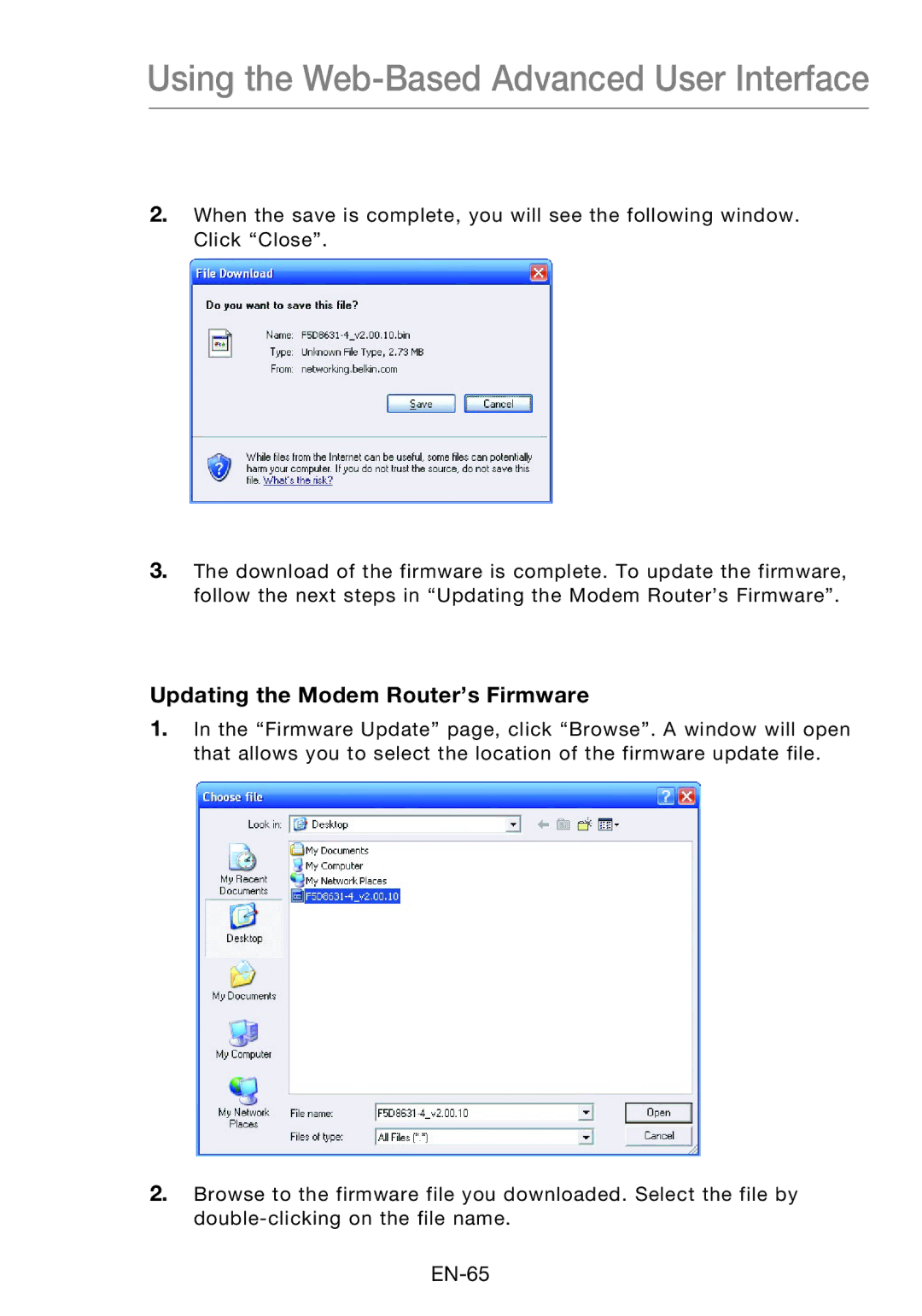 Belkin F5D8631-4 user manual Updating the Modem Router’s Firmware 