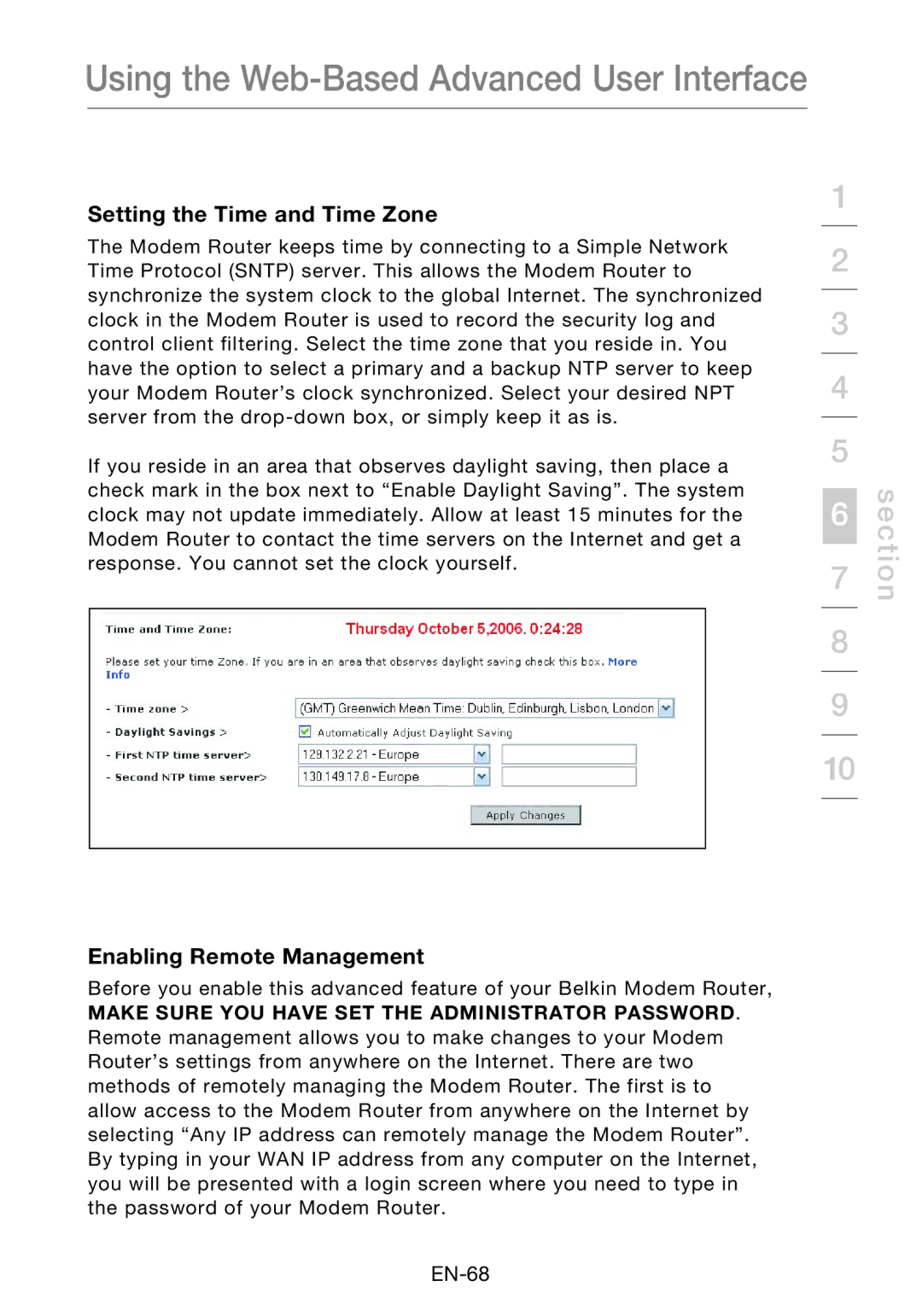 Belkin F5D8631-4 user manual Setting the Time and Time Zone, Enabling Remote Management 