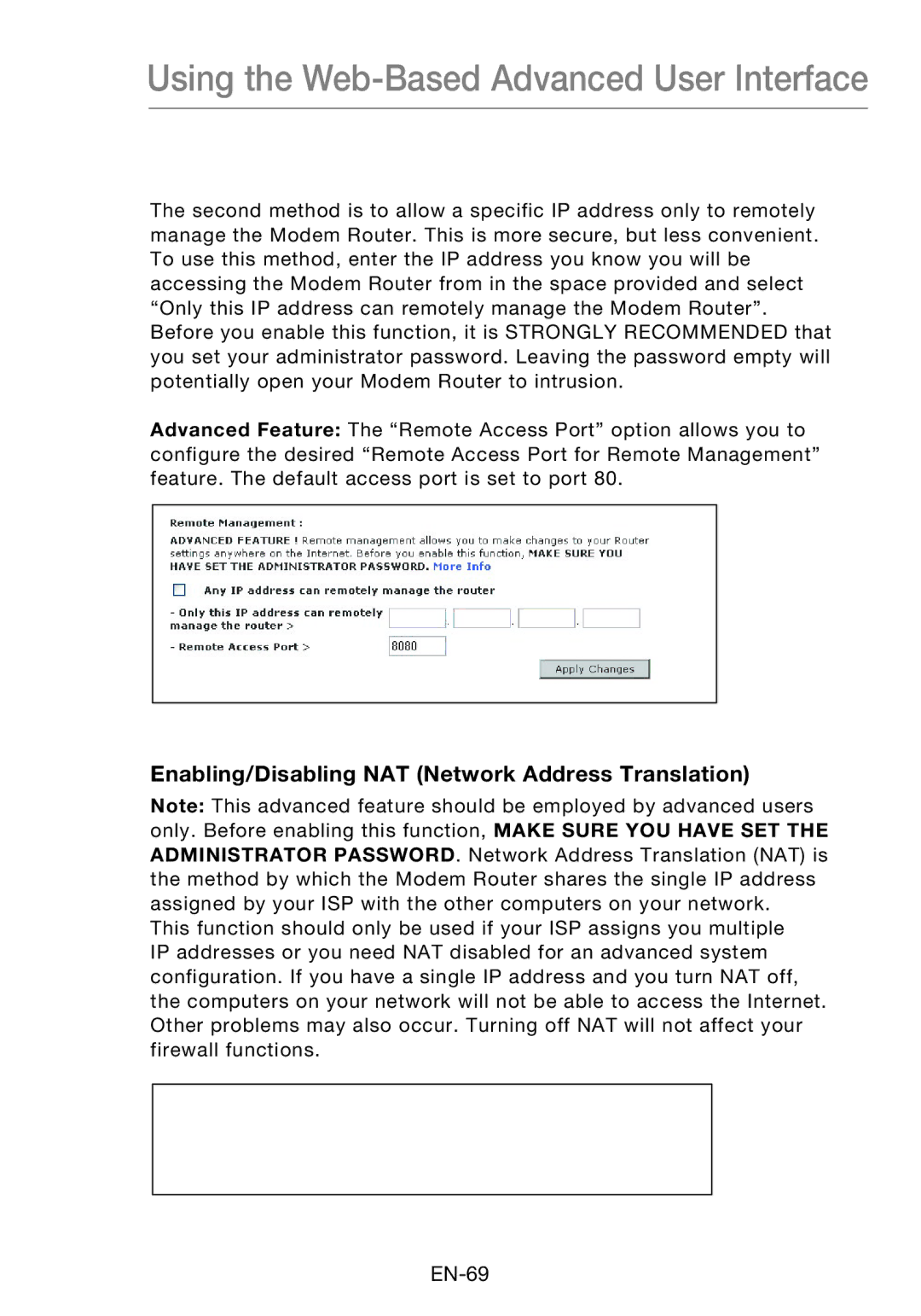 Belkin F5D8631-4 user manual Enabling/Disabling NAT Network Address Translation 