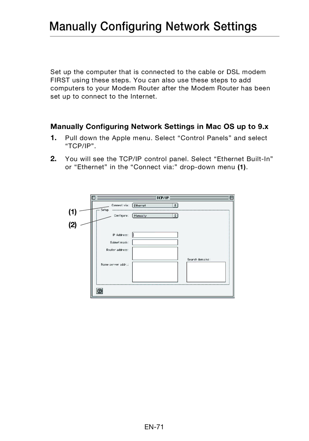 Belkin F5D8631-4 user manual Manually Configuring Network Settings in Mac OS up to 