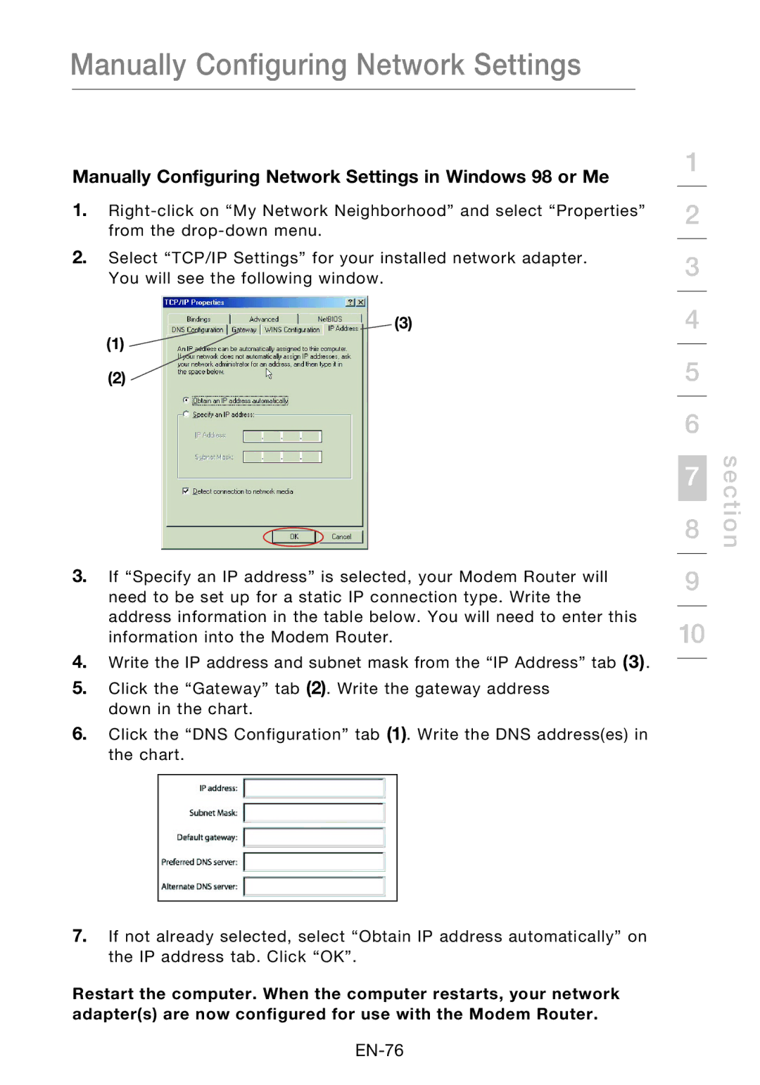 Belkin F5D8631-4 user manual Manually Configuring Network Settings in Windows 98 or Me 