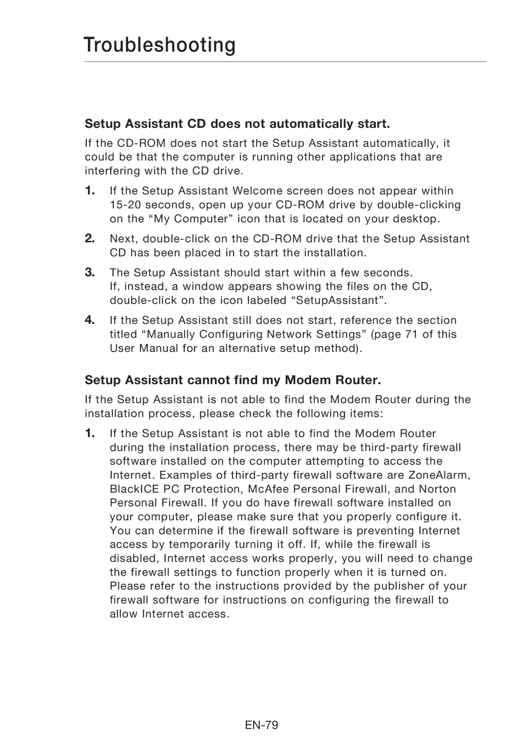 Belkin F5D8631-4 user manual Troubleshooting, Setup Assistant CD does not automatically start 