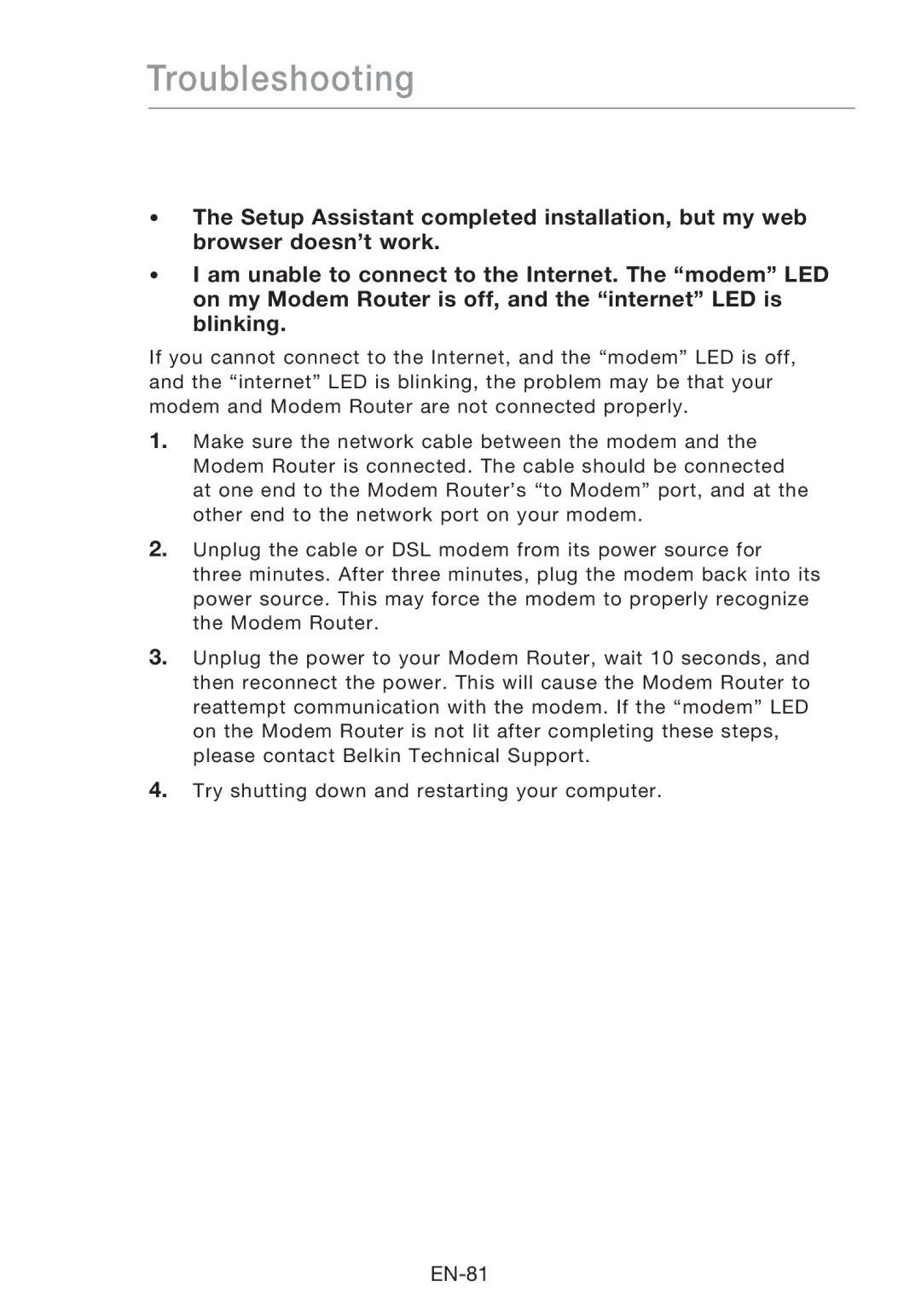 Belkin F5D8631-4 user manual Troubleshooting 